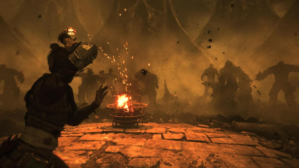 Character facing fire amidst shadowy giants.