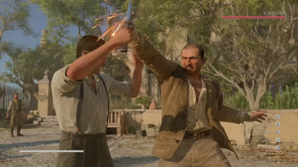 Enzo duels L'Ombra with swords in courtyard