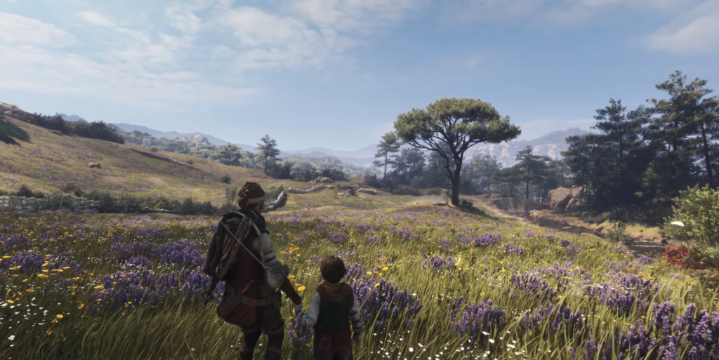 Amicia and Hugo in a flower-filled meadow.