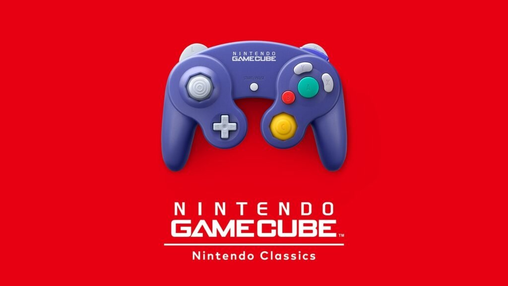 Purple Nintendo GameCube controller displayed on red background