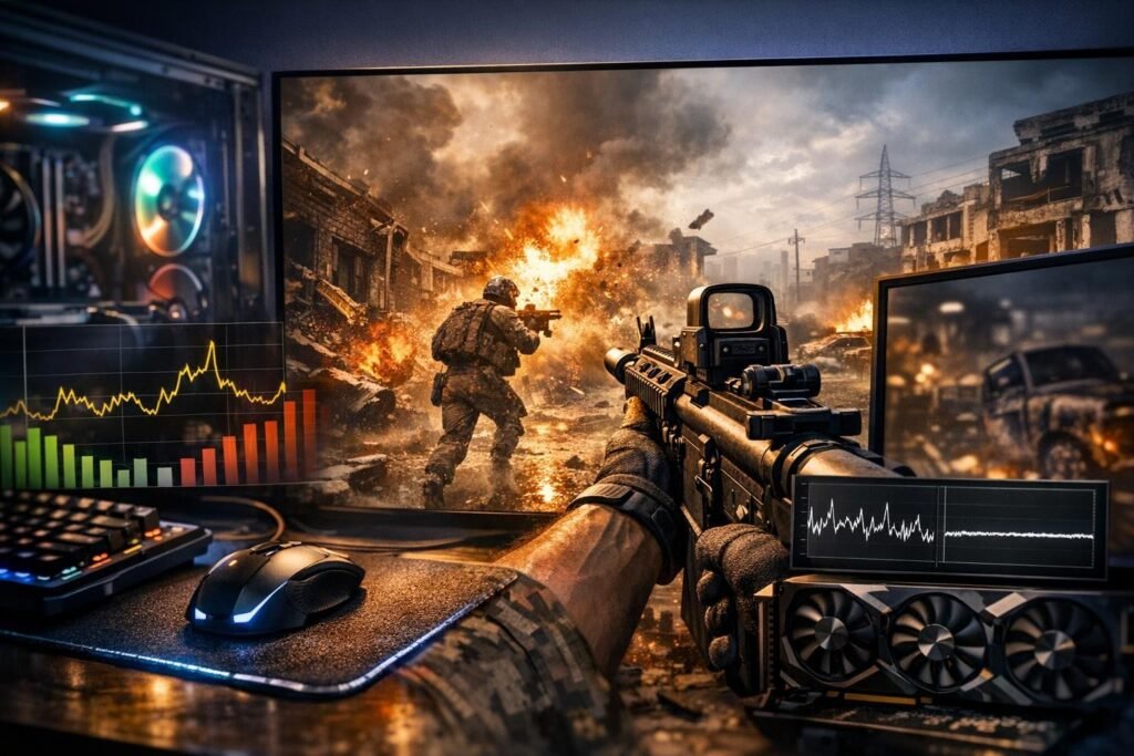 First-person shooter gameplay on monitor at gaming desk