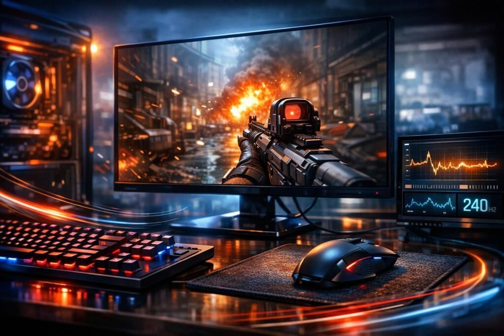 Gaming monitor displays shooter aiming at explosion scene