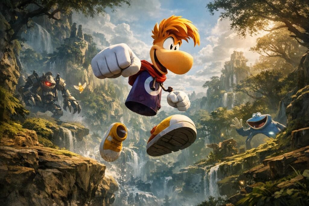 Rayman jumping in forest