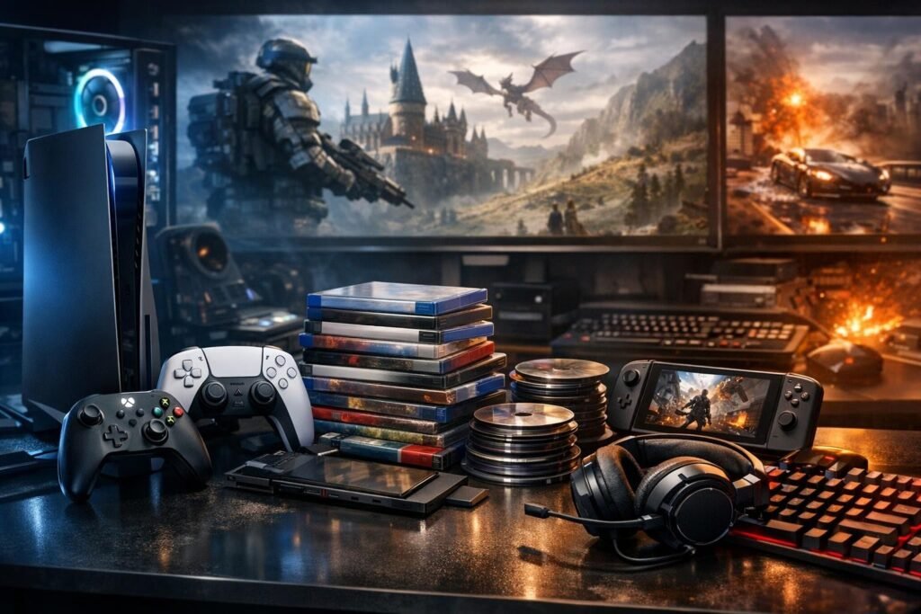 Gaming consoles and controllers on desk with monitors