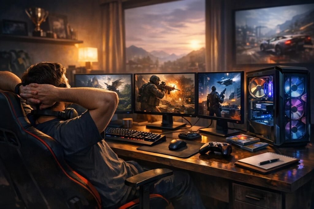 Gamer relaxing at triple monitors in home gaming setup