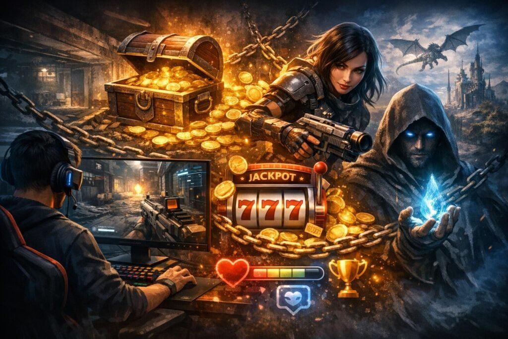 Gamer plays shooter beside jackpot slot and treasure chest