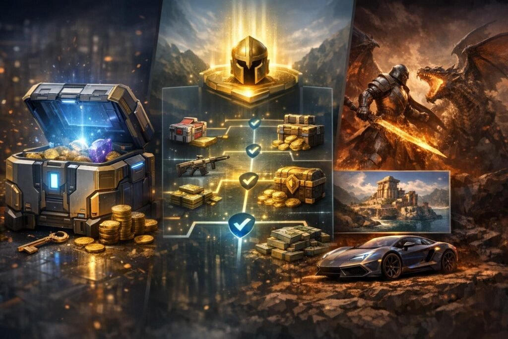 Open treasure chest spilling gold beside game rewards screen