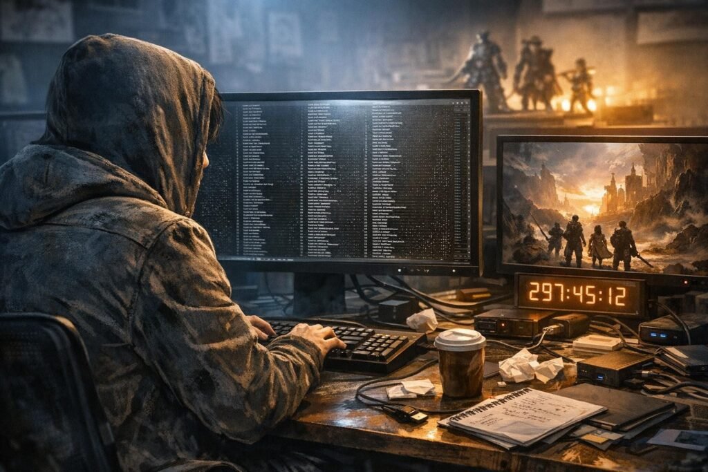 Hooded person types at desk with dual monitors