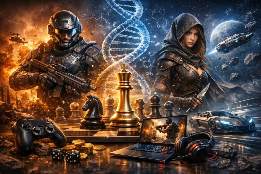 Armored soldier and hooded woman beside chessboard in space
