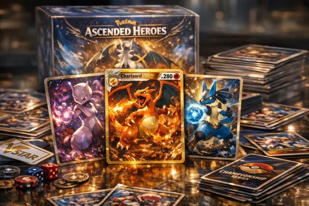 Pokémon cards featuring Mewtwo, Charizard, Lucario on table