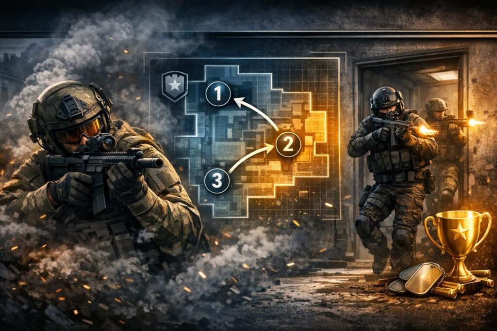 Soldiers firing rifles beside tactical map and trophy