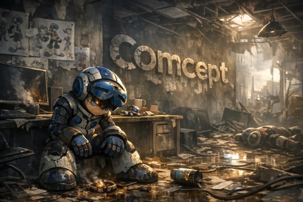 Mega Man sitting in ruined workshop beside Concept wall