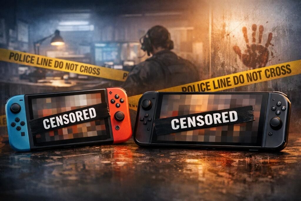 Two Nintendo Switch consoles on table behind police tape