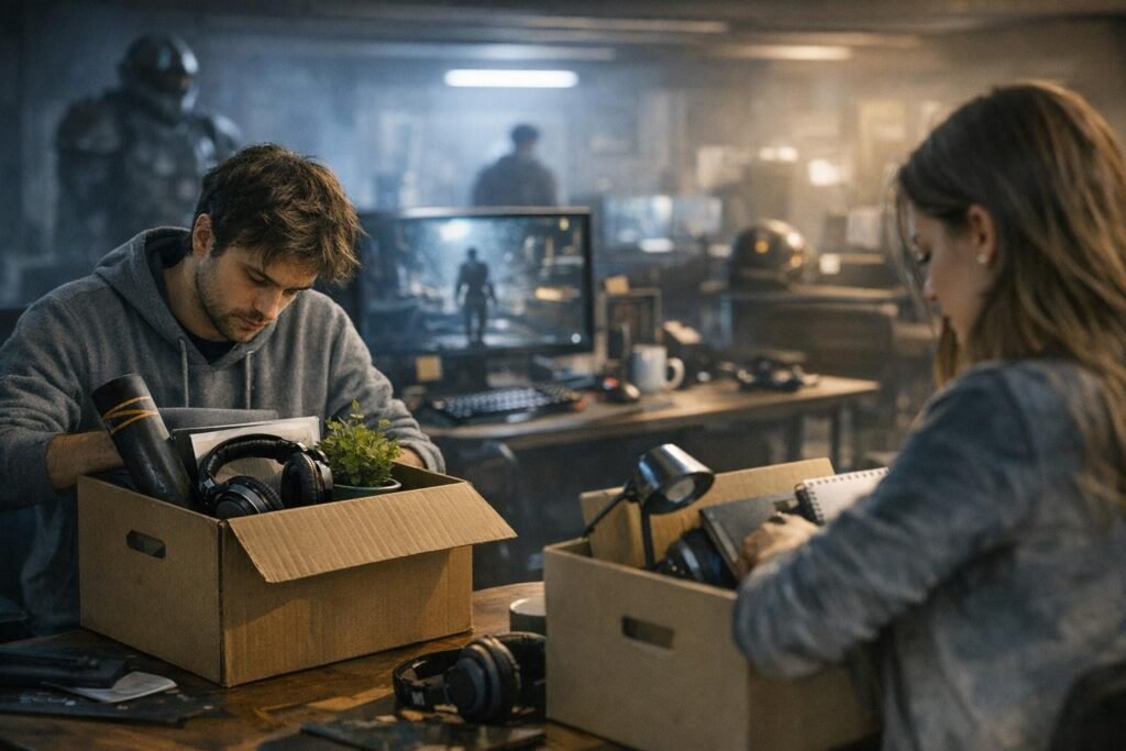 Man and woman packing boxes in office workspace