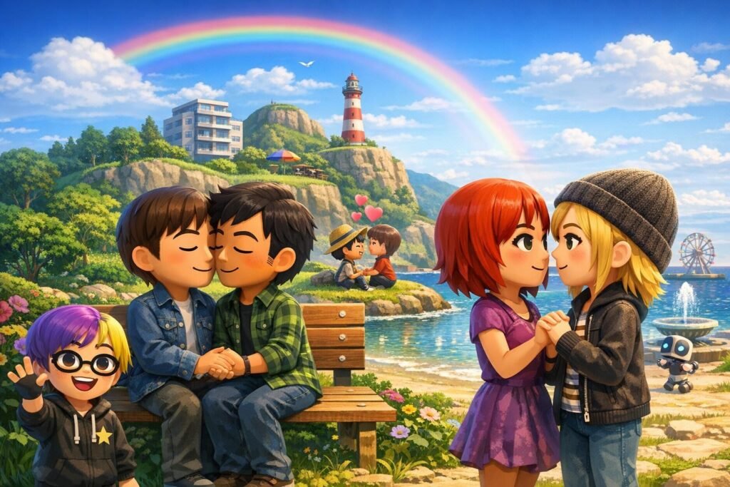 Cartoon couples holding hands by seaside lighthouse under rainbow