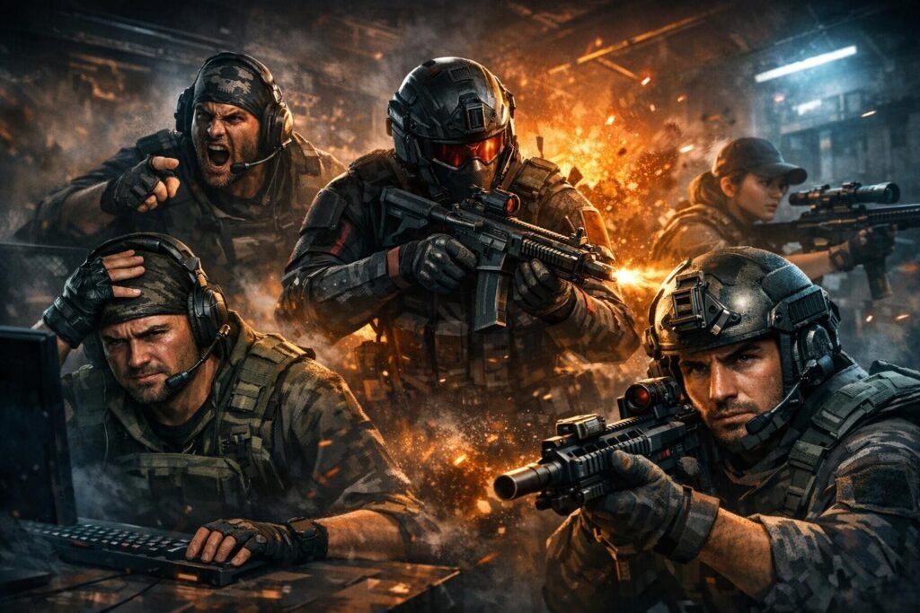 Soldiers aiming rifles during explosion in combat zone