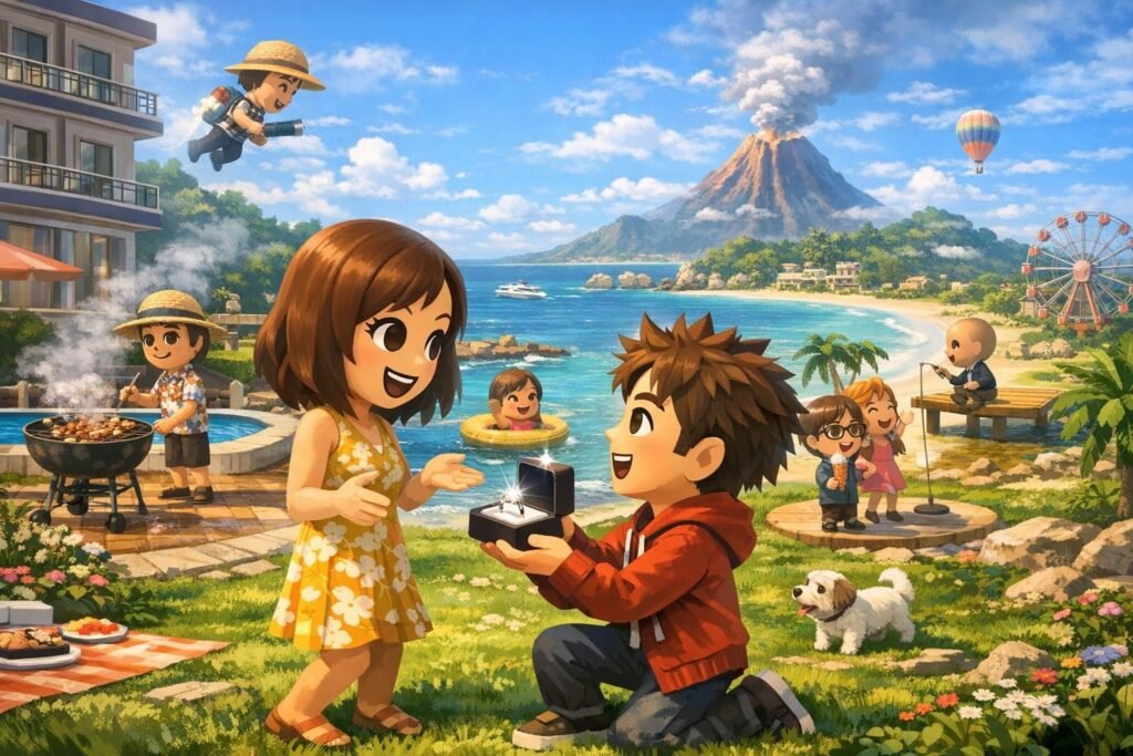 Mii proposes with ring box on beach resort lawn