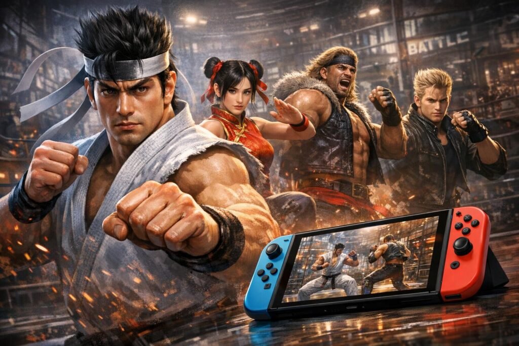 Tekken 8 fighters pose in arena beside Nintendo Switch