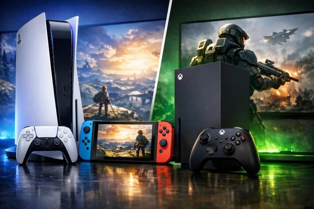 PlayStation 5, Nintendo Switch, Xbox Series X on table