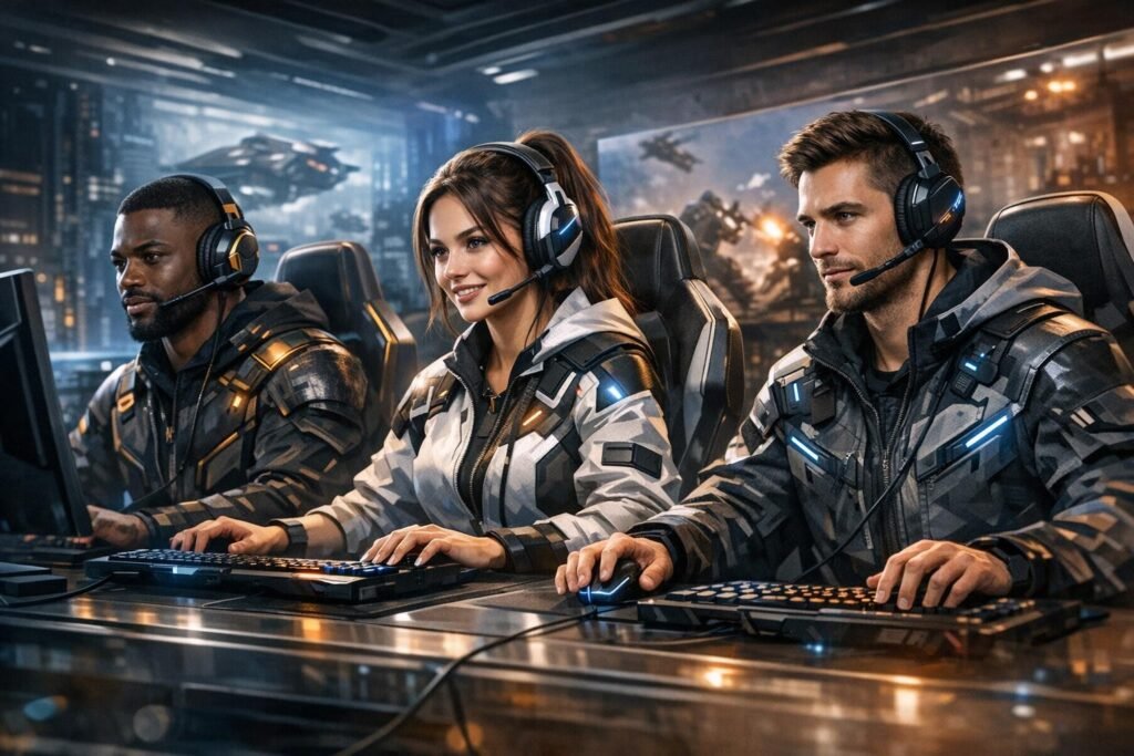 Three gamers wearing headsets play at computer desks indoors