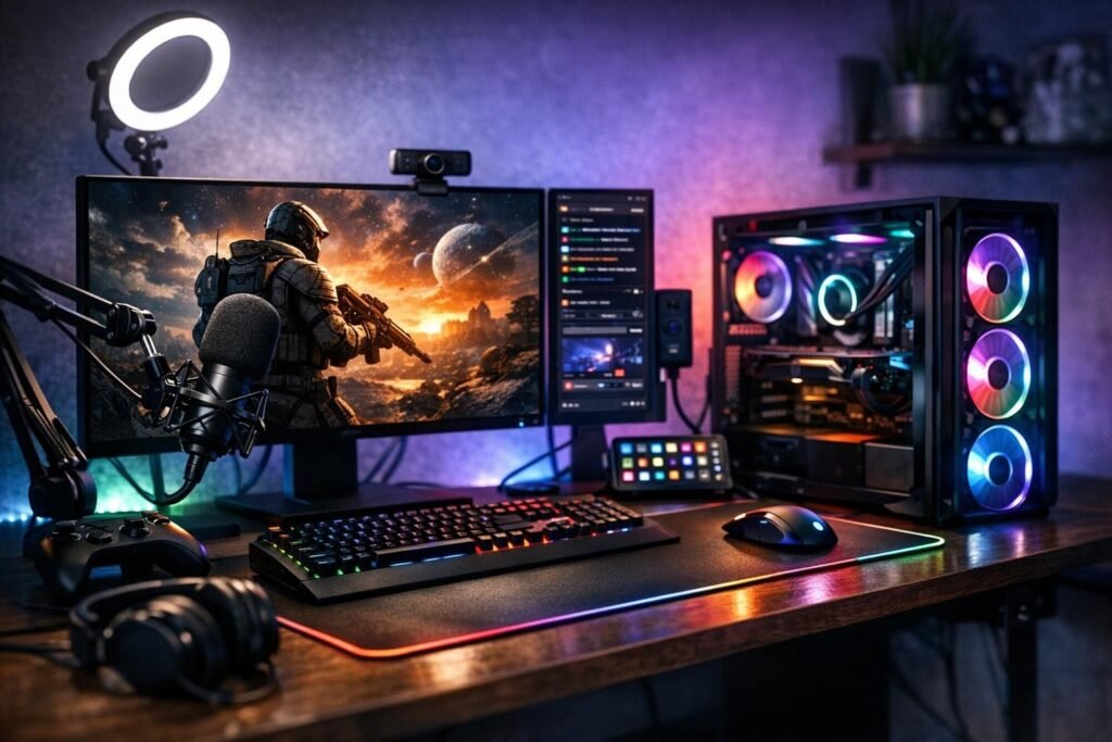 RGB gaming PC setup with monitor showing sci-fi soldier