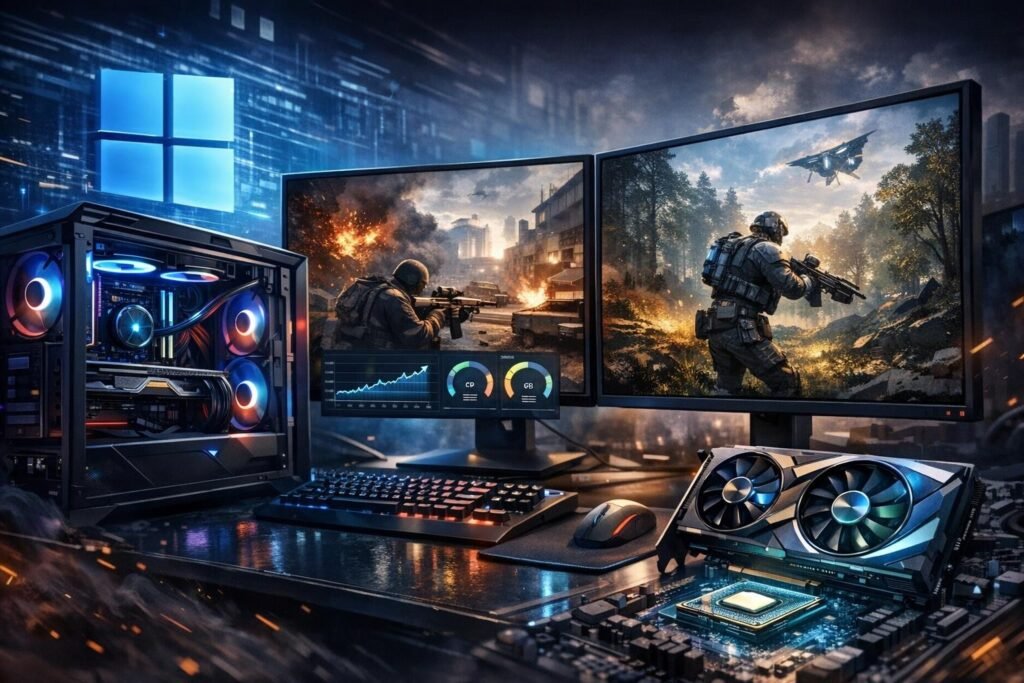 Gaming setup with graphics.