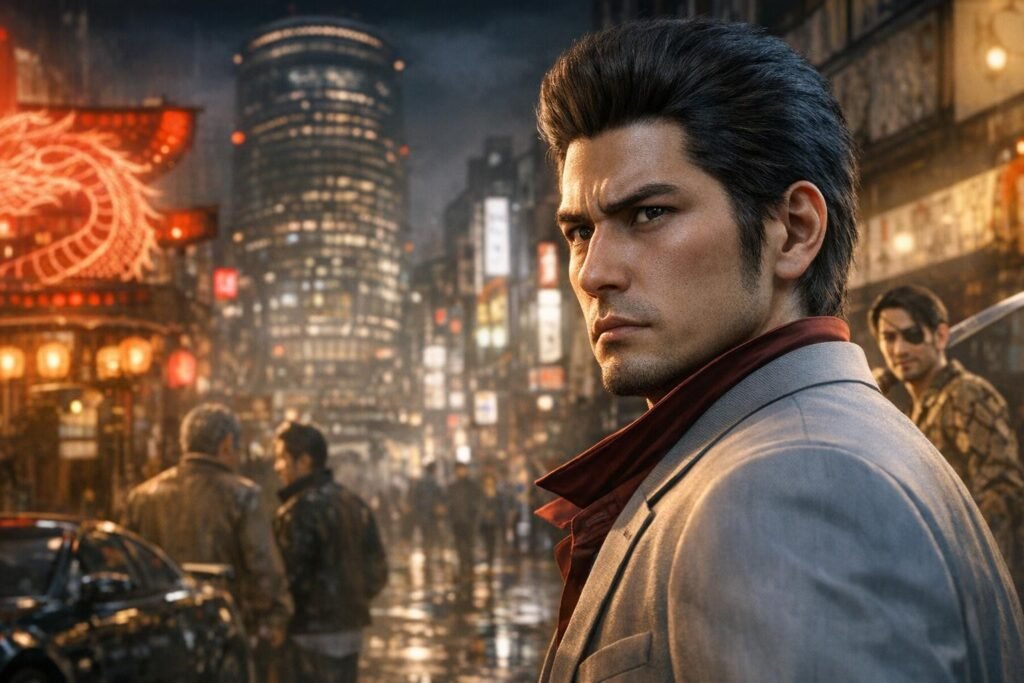 Kazuma Kiryu stands in rainy neon city street