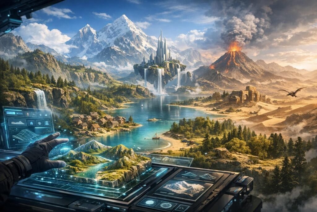 Gloved hand controls holographic map over fantasy landscape