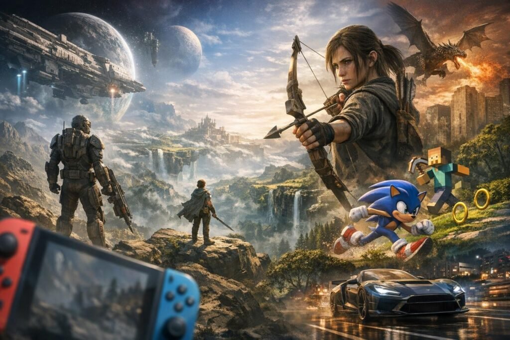 Lara Croft aims bow as Sonic runs in landscape
