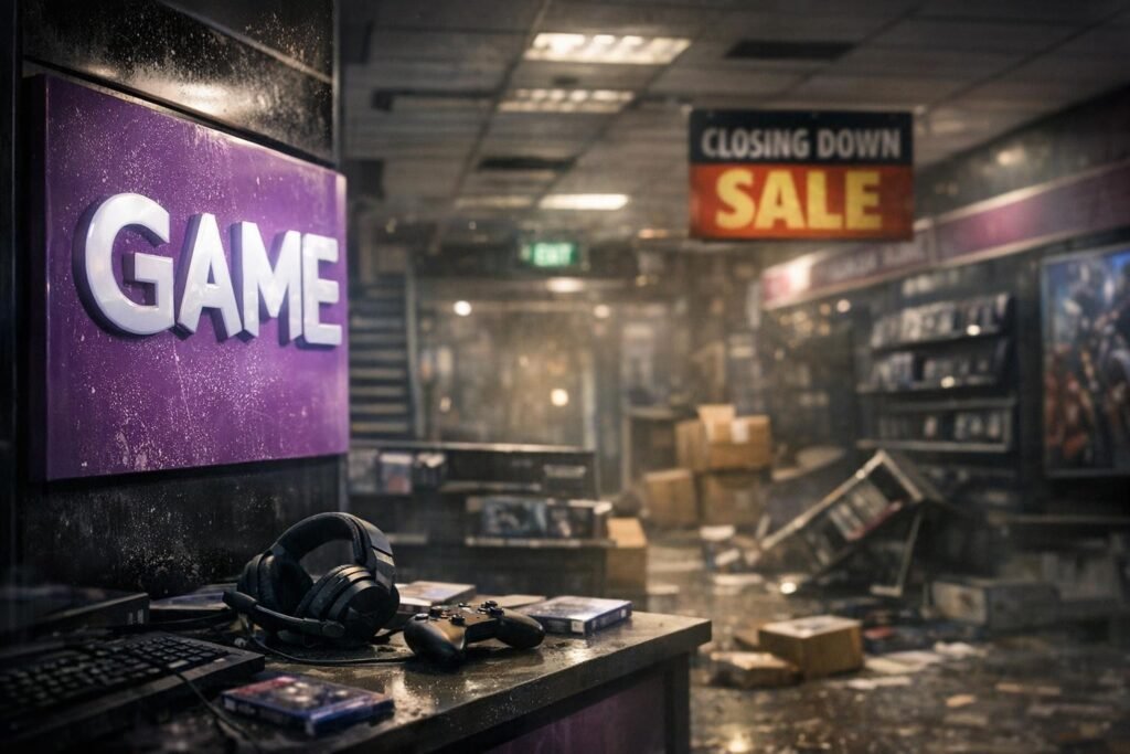 Purple GAME sign above counter in closing down store