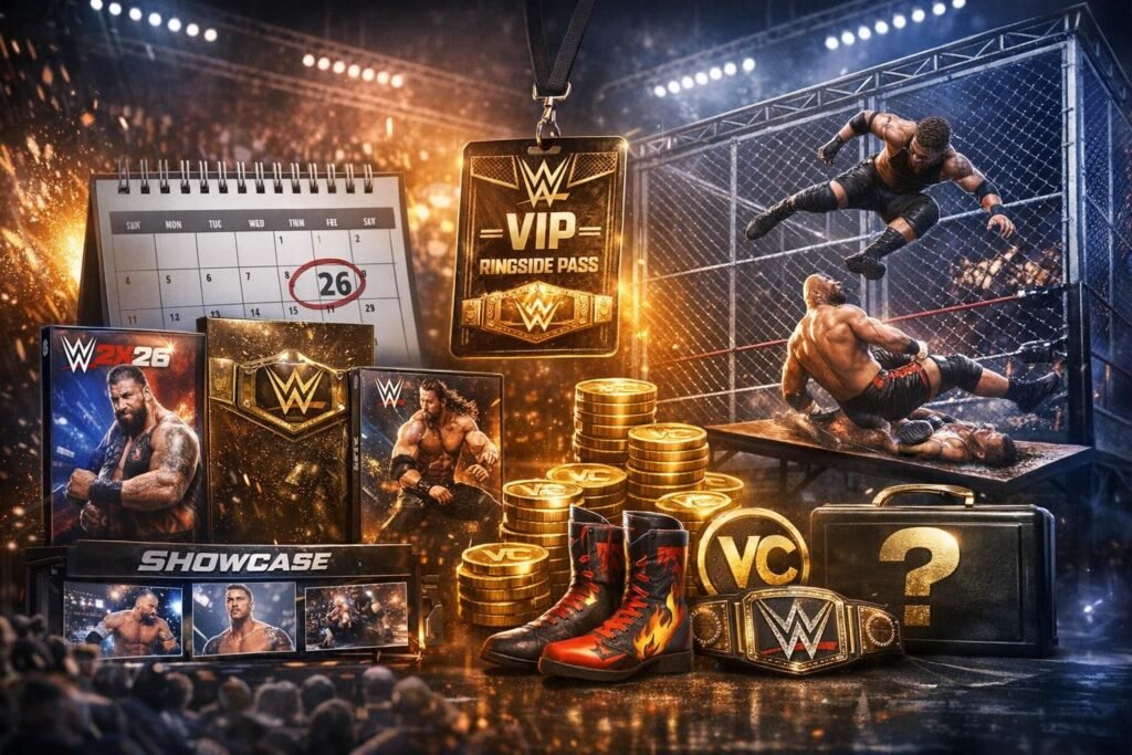 WWE 2K26 showcase rewards displayed beside wrestling ring action