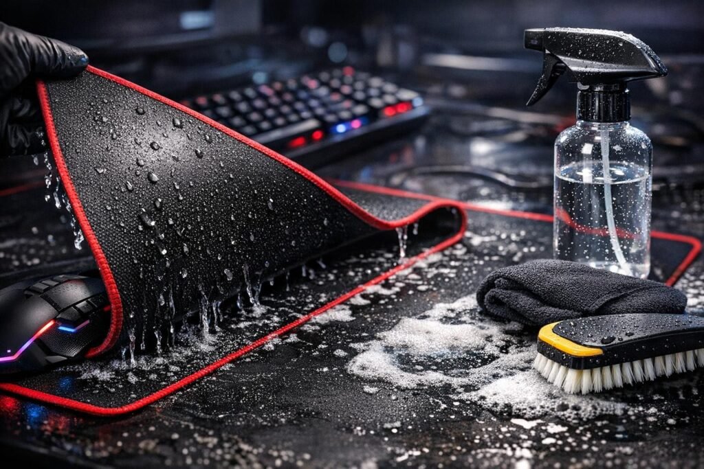Hand lifts wet black mouse pad on desk