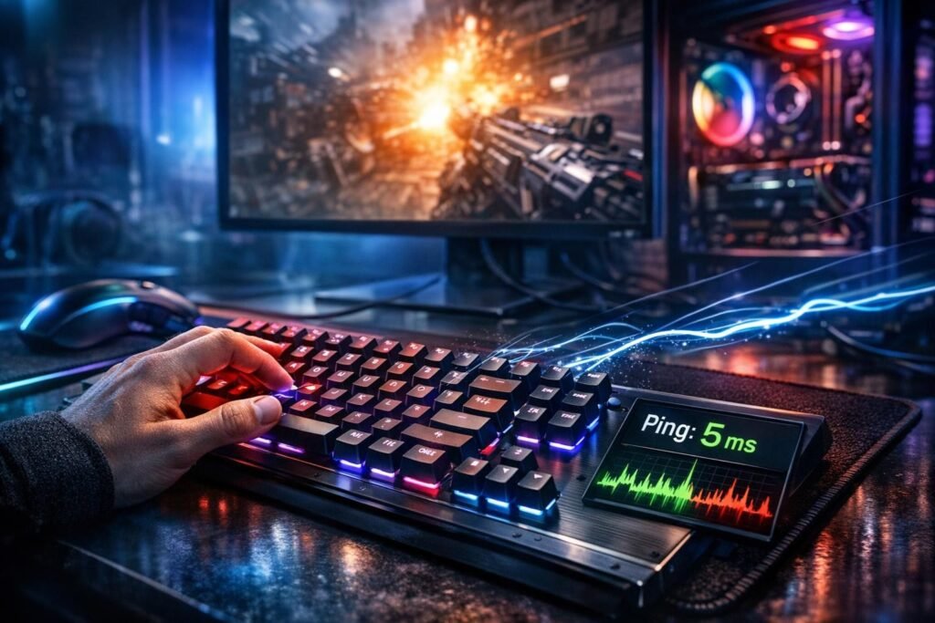 Hand uses RGB keyboard gaming at PC desk