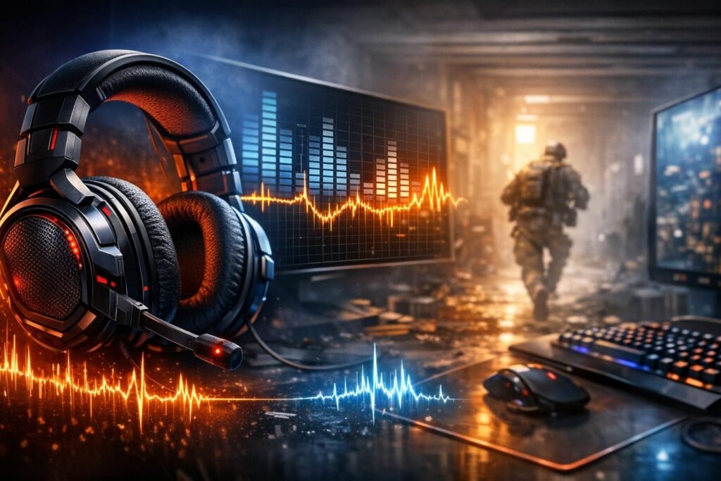 Gaming headset beside monitor and keyboard on desk