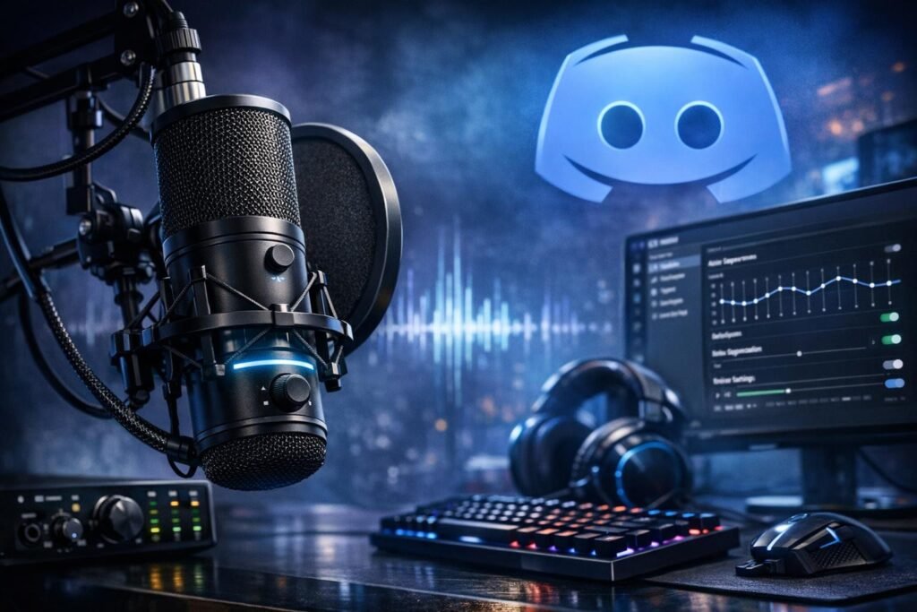 Microphone facing computer monitor with Discord logo in studio
