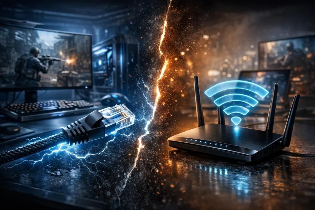 Ethernet cable and Wi-Fi router on gaming desk