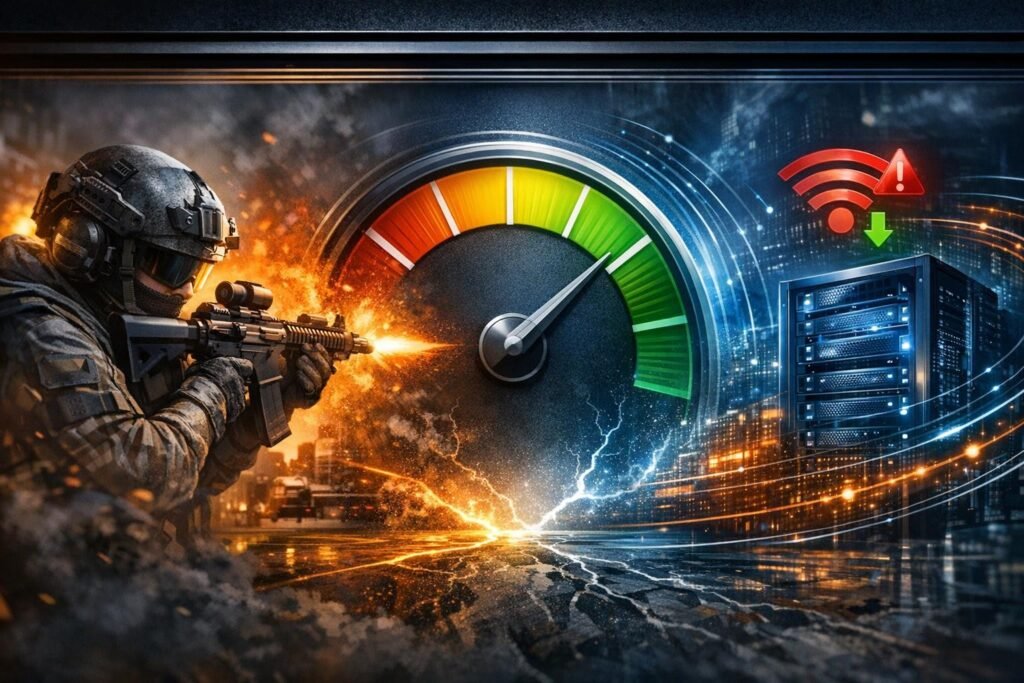 Soldier firing rifle beside speed gauge and server rack