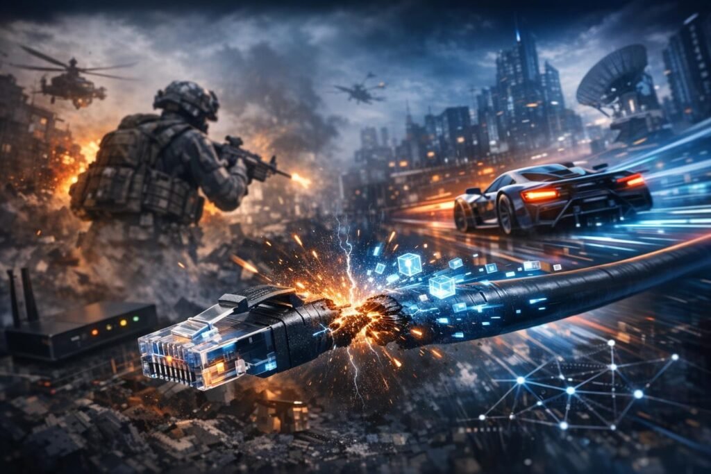Soldier aims rifle as Ethernet cable sparks in city
