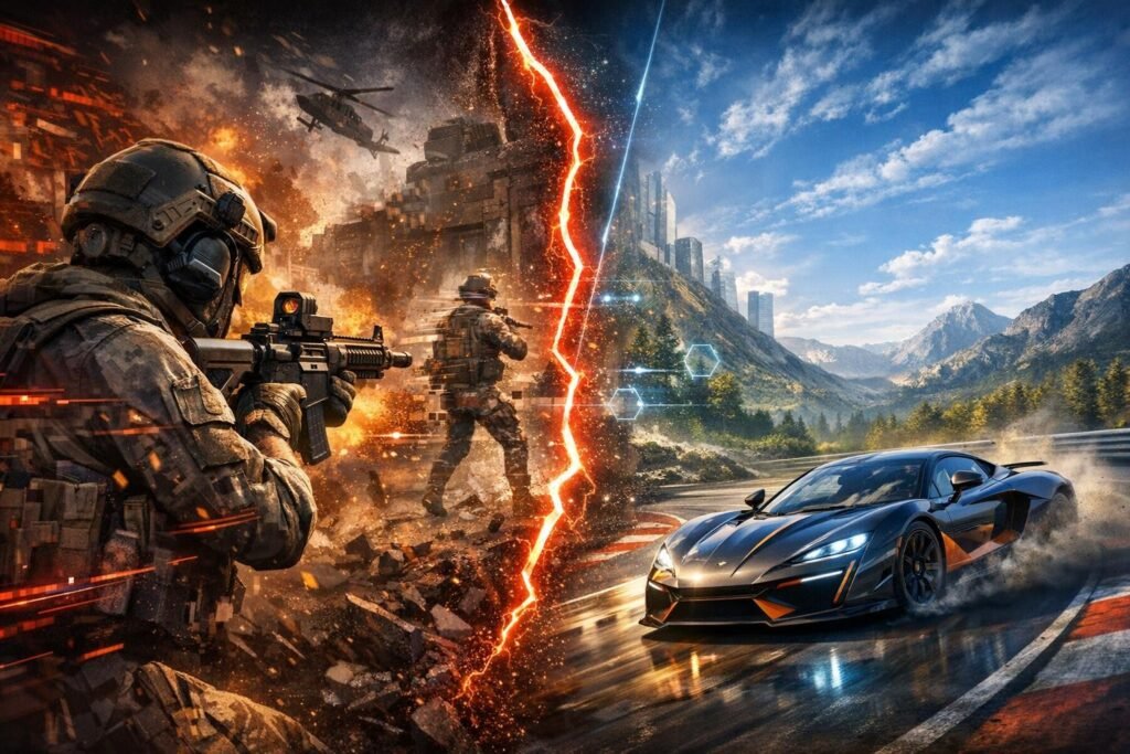 Soldiers aim rifles as black supercar drifts on track