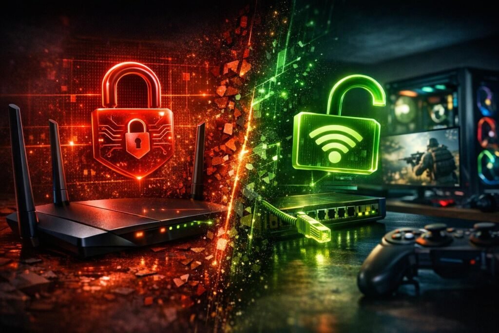 Red and green padlock icons above routers on desk