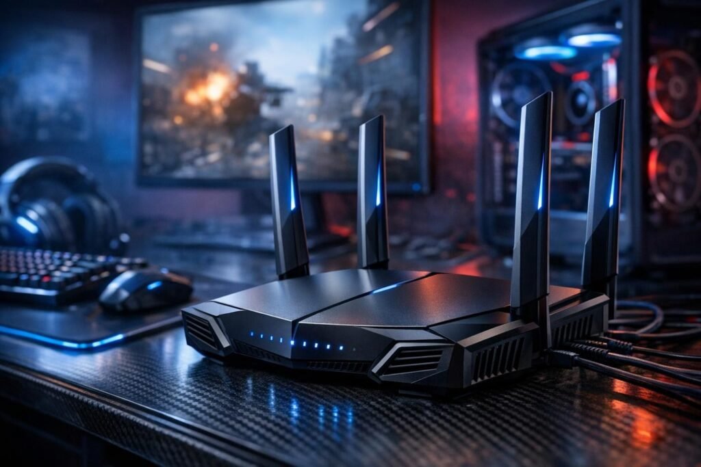 Gaming router with antennas on desk near PC