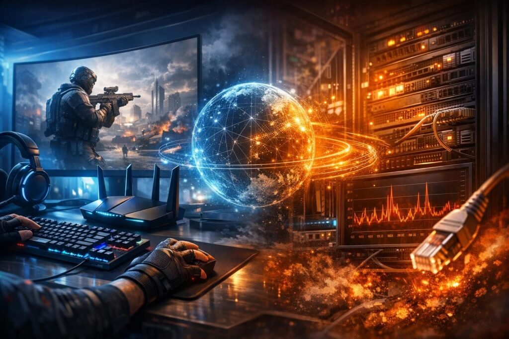 Hands using keyboard beside glowing globe in server room