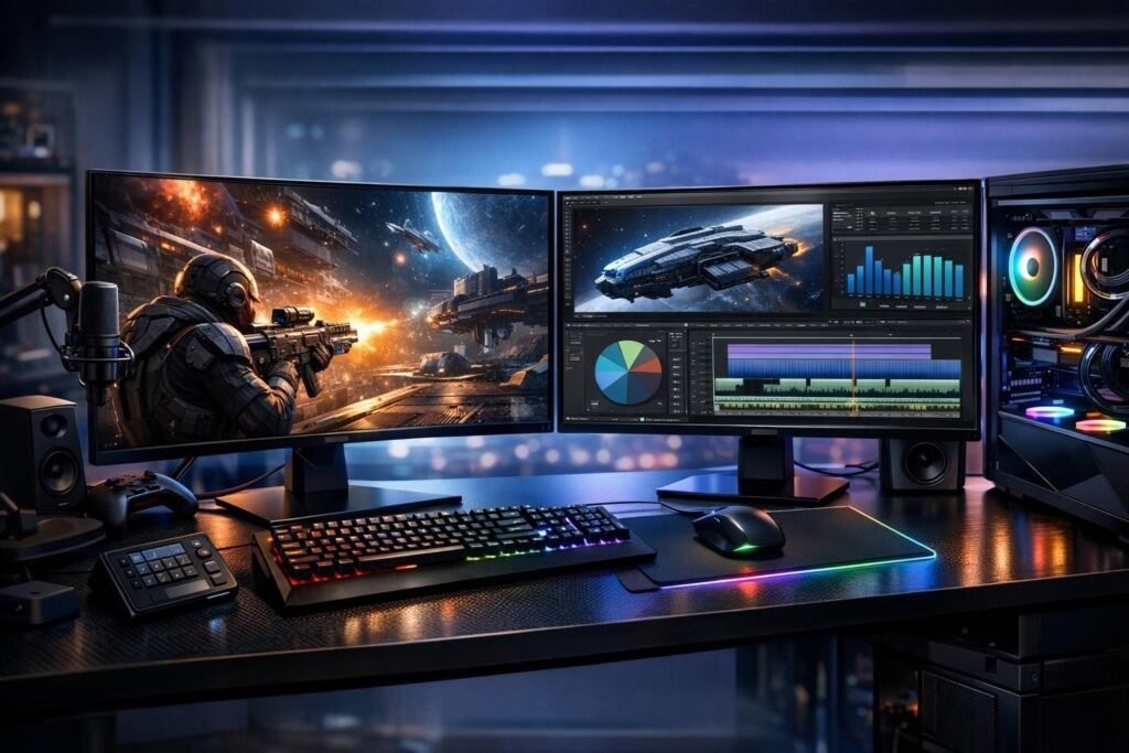 Dual monitors display sci-fi shooter and editing desk setup