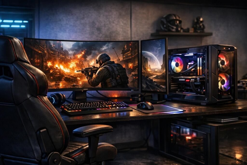 Gaming PC setup displaying shooter game on monitors desk