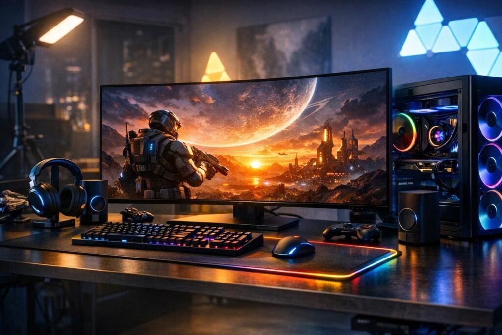 RGB gaming PC setup on desk with monitor