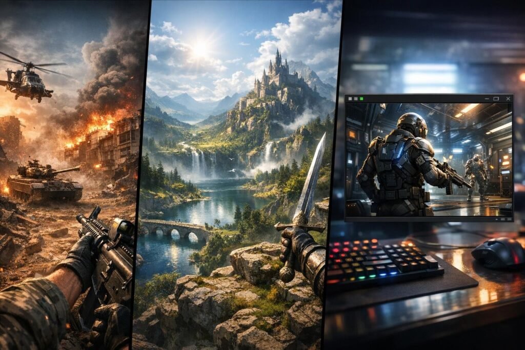 Gaming monitor displays sci-fi soldier, keyboard on desk
