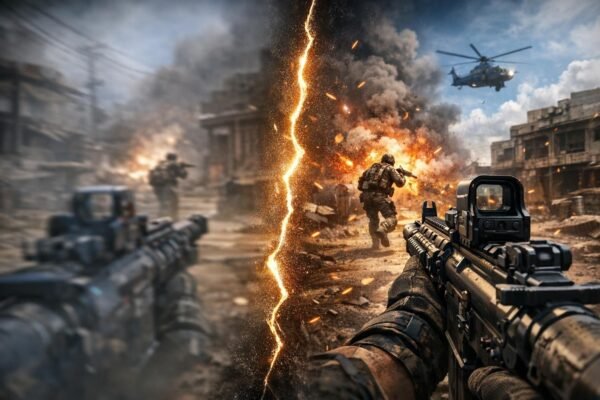 First-person shooter aiming rifle during urban battlefield explosion