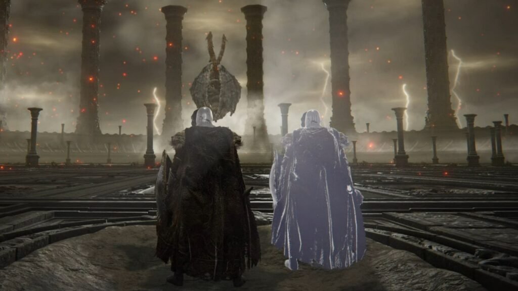 Two armored figures face dragon in ruined arena