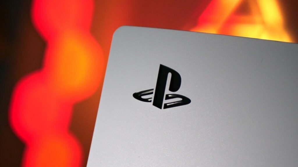 PlayStation 5 console showing logo against red background