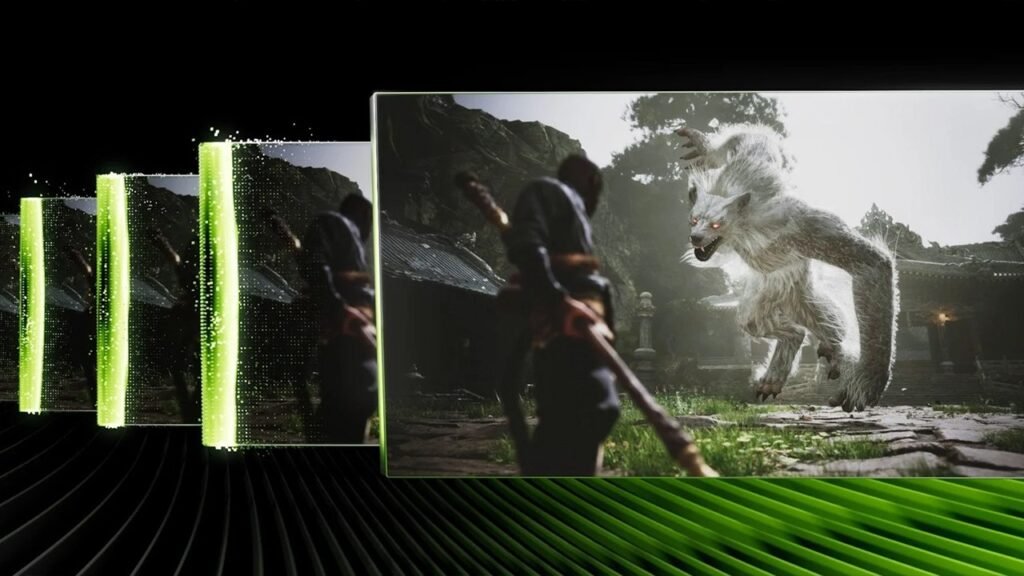 Warrior faces giant white wolf in temple courtyard